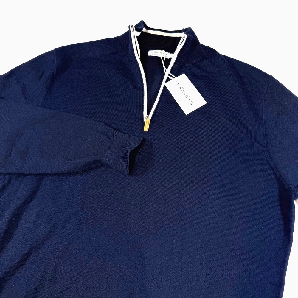 NWT Collars & Co Sweater 1/4 Zip Luxury Touch Cotton Cashmere Navy Blue Men's L‎